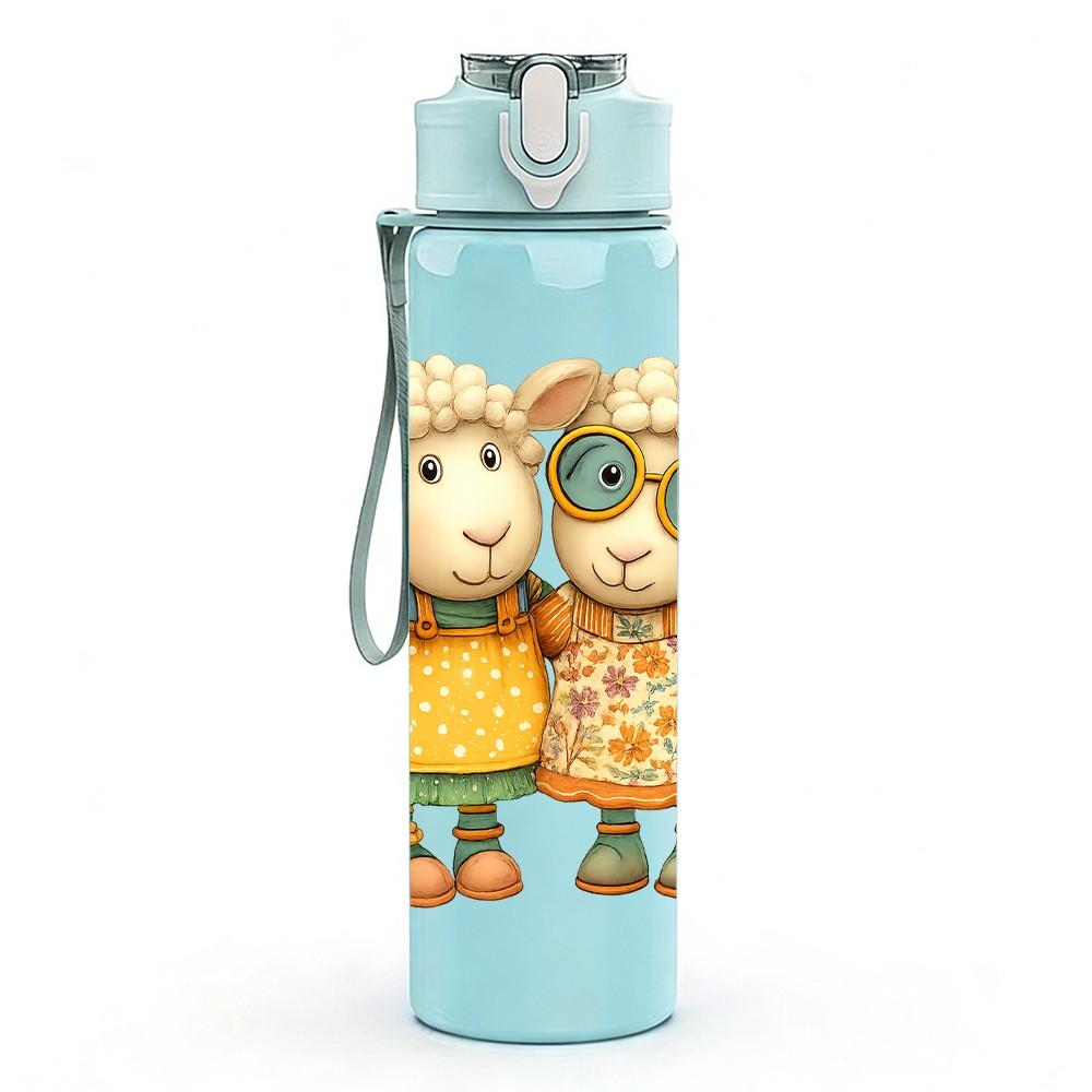 1PC Twin Country Sheep Dolls 750ml Color Plastic Sports Water Bottle Leakproof Flip Straw Lid Suitable for Sports Office Home Use