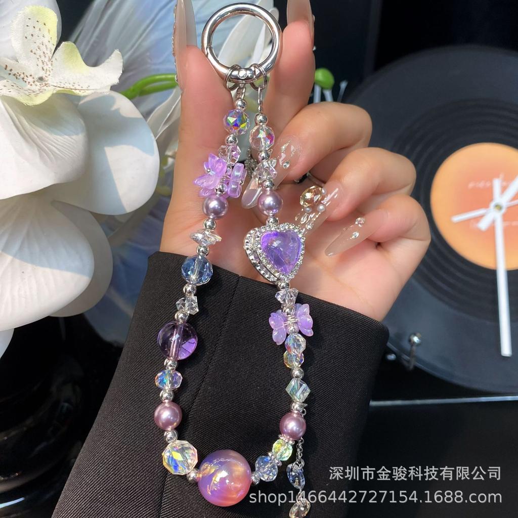 Phone Chain with Rhinestones, Colorful Heart Phone Chain Strap, Wrist Strap, Handmade Crystal Beaded DIY Flower Chain