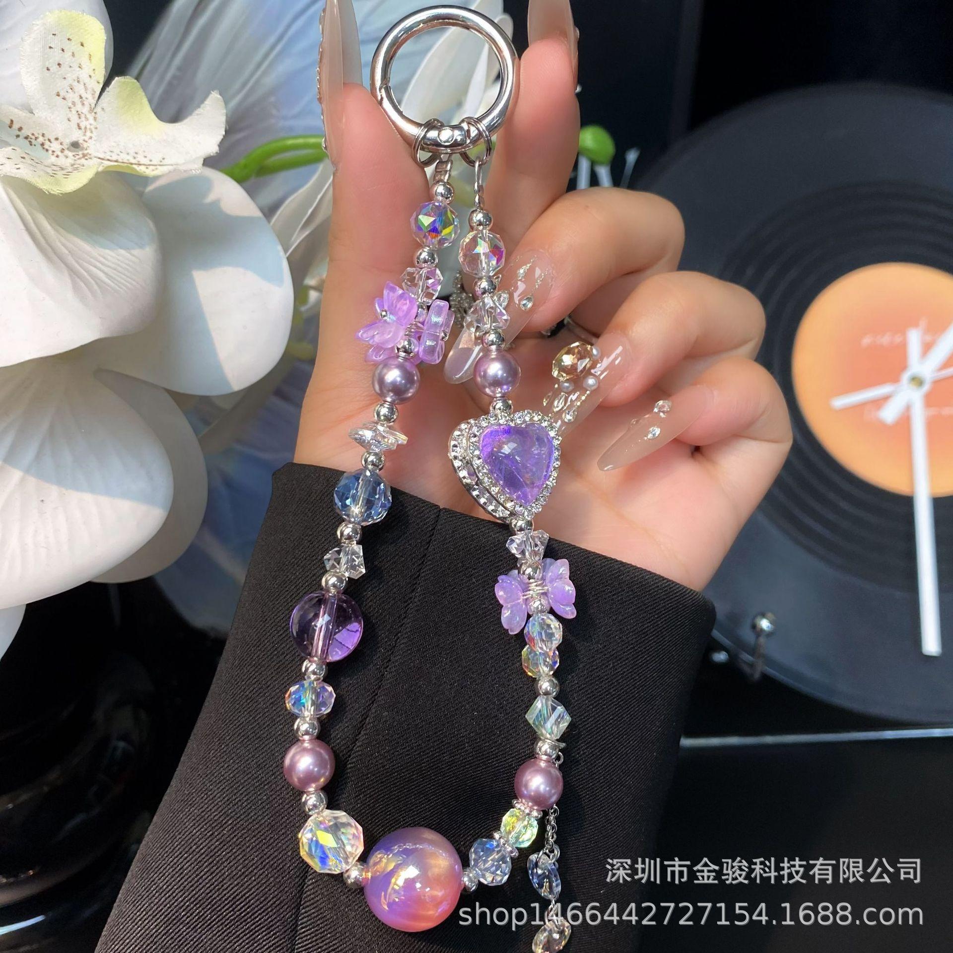 

Phone Chain with Rhinestones, Colorful Heart Phone Chain Strap, Wrist Strap, Handmade Crystal Beaded DIY Flower Chain purple【Colorful Heart
