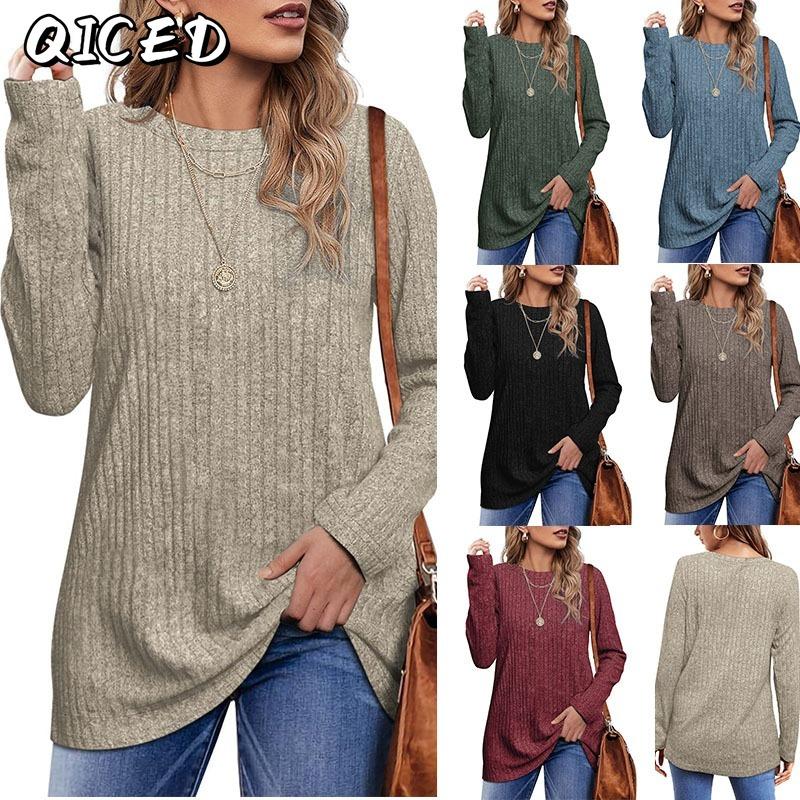 QICED Moda feminina casual cor sólida estampa manga comprida gola redonda blusas e camisas