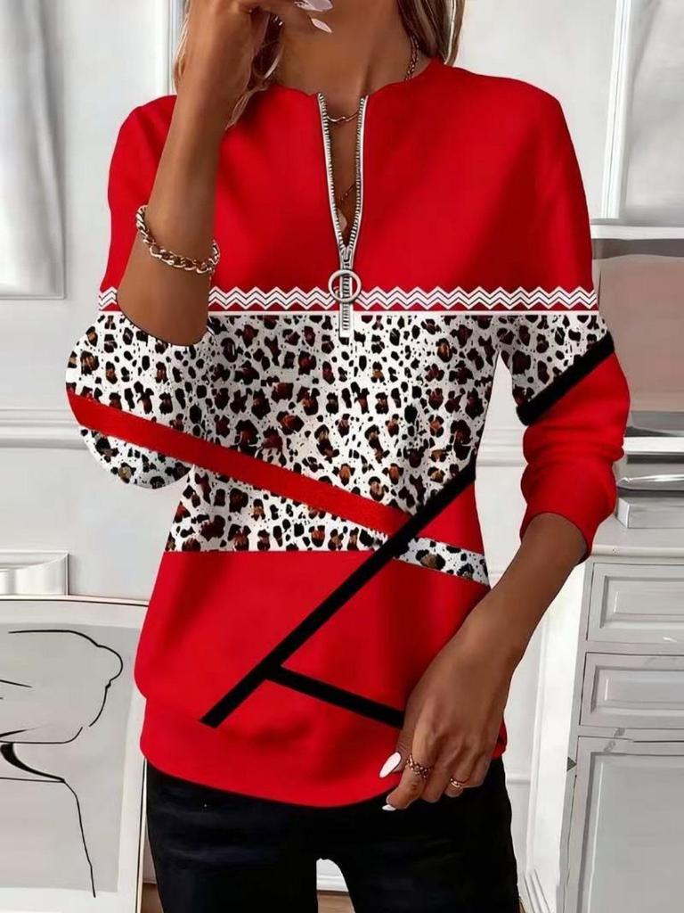 Women's European V-Neck Zipper Top - Autumn/Winter Long-Sleeve Print
