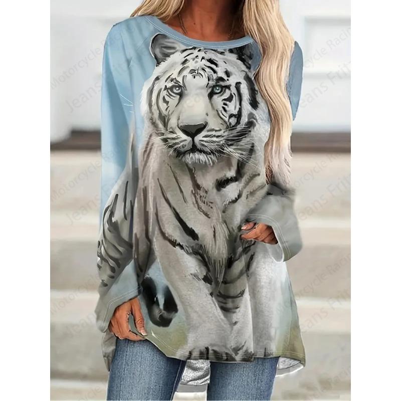 

Женские футболки с круглым вырезом и 3D-принтом животного тигра, модные повседневные футболки с длинным рукавом S