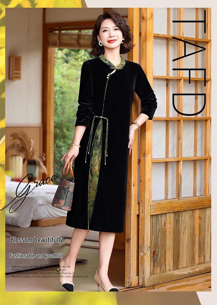 Mother's Wear: New Spring & Autumn 2026 Chinese Style Gold Silk Velvet Qipao Dress for Middle-Aged & Elderly Women
