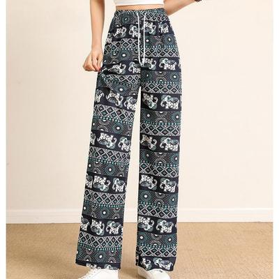 Pantalones de Pierna Ancha Estampados con Elefantes de Cintura Alta para Mujer - Estilo Casual de Primavera/Verano