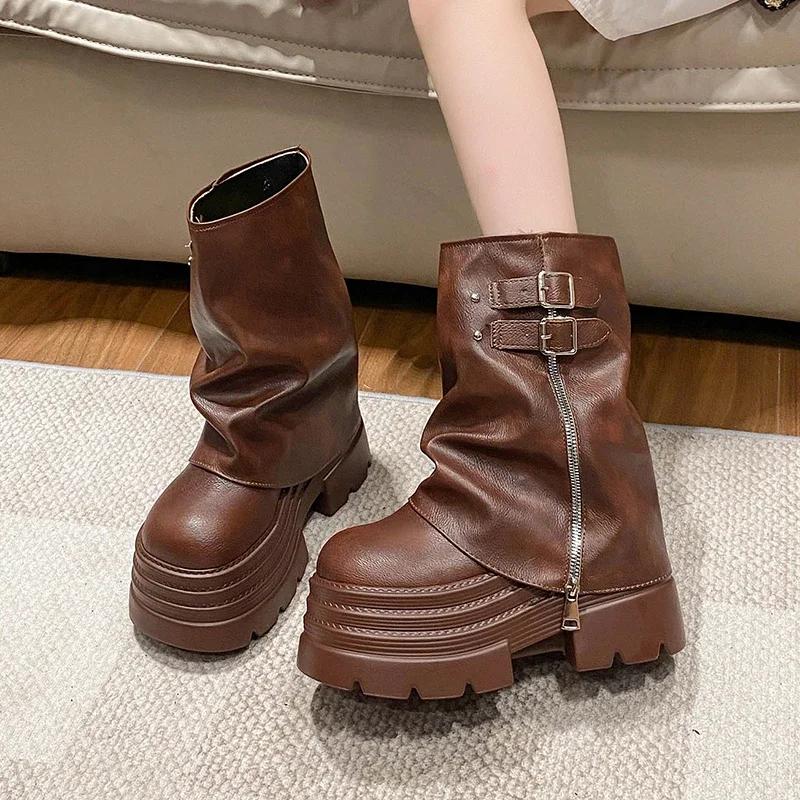 Fashion 10CM Women High Platform Ankle Boots Autumn Winter Gothic Style Shoes Buckle Punk Motorcycle Boots Round Toe Chunky Sneakers