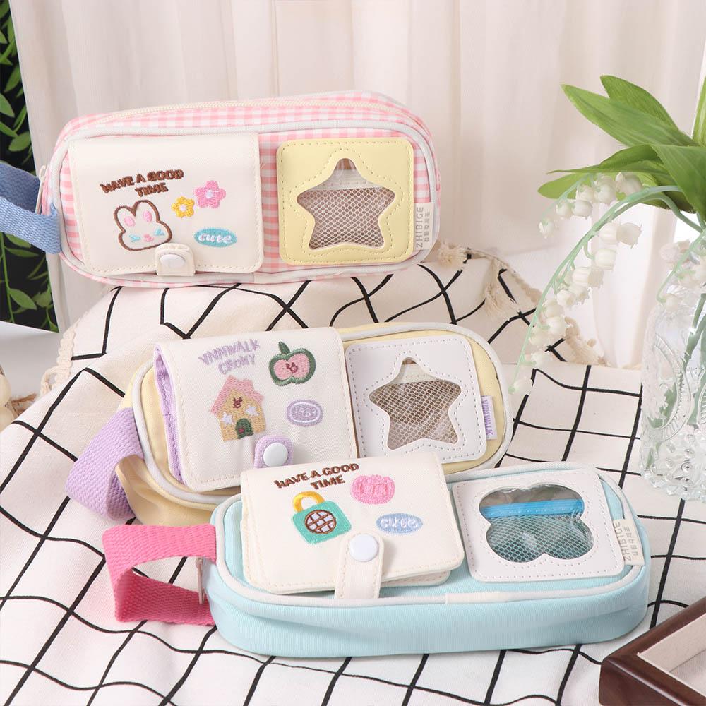 Multilayer Korean Pencil Case Embroidery Ins Pencil Pouch Y2K Cartoon Stationery Bag Unisex
