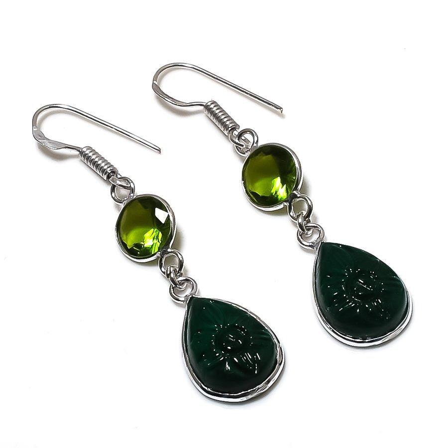 

Natural Green Onyx, Peridot 925 Sterling Silver Jewelry Earring 2.05 I7f18
