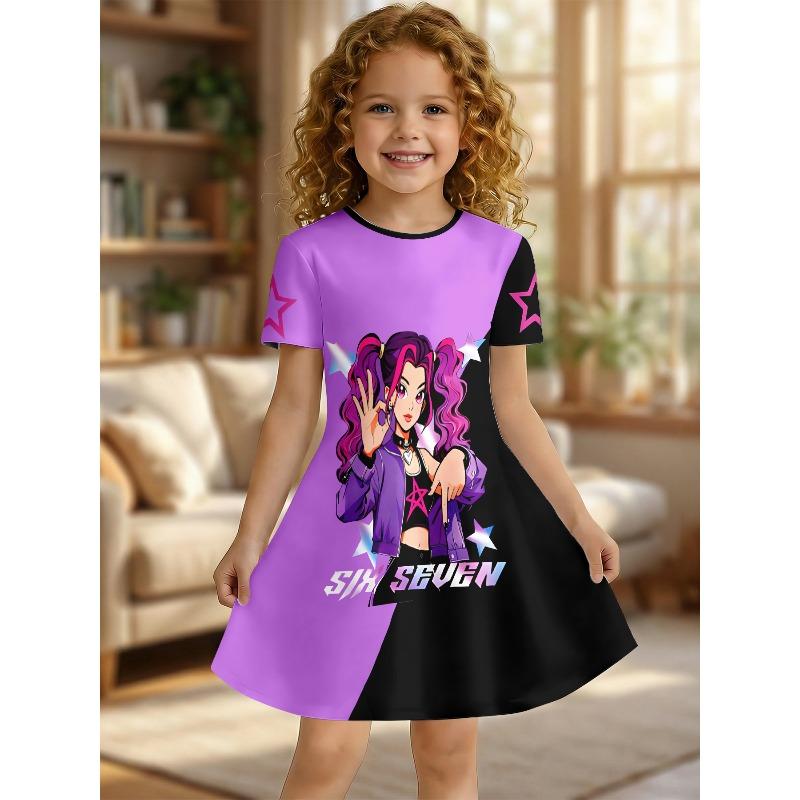 Little Girls Soft Lovely Bright Cute Chic Trendy Cartoon Graphic Summer Swing Dress Short Sleeve Kids Casual Daily Dress