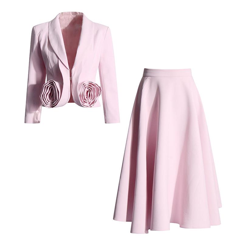 2025 Pink 3D Rose Two-Piece Set: Slim-Fit Blazer & Pleated Mid-Length Skirt