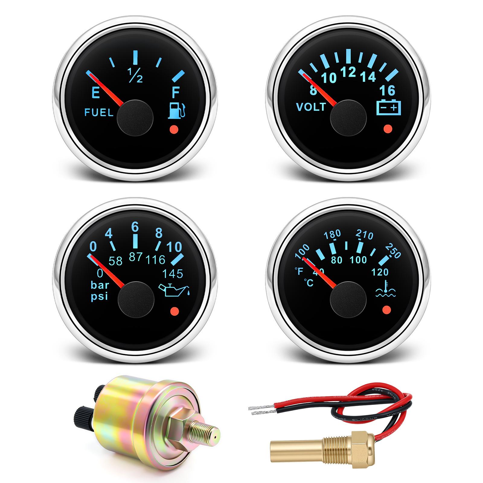 4 Gauges Set Oil Press + Water Temp +Voltage + Fuel Level Gauge 7 Colors Led Light Indicator For Marine Boat Car 12V 24V BS