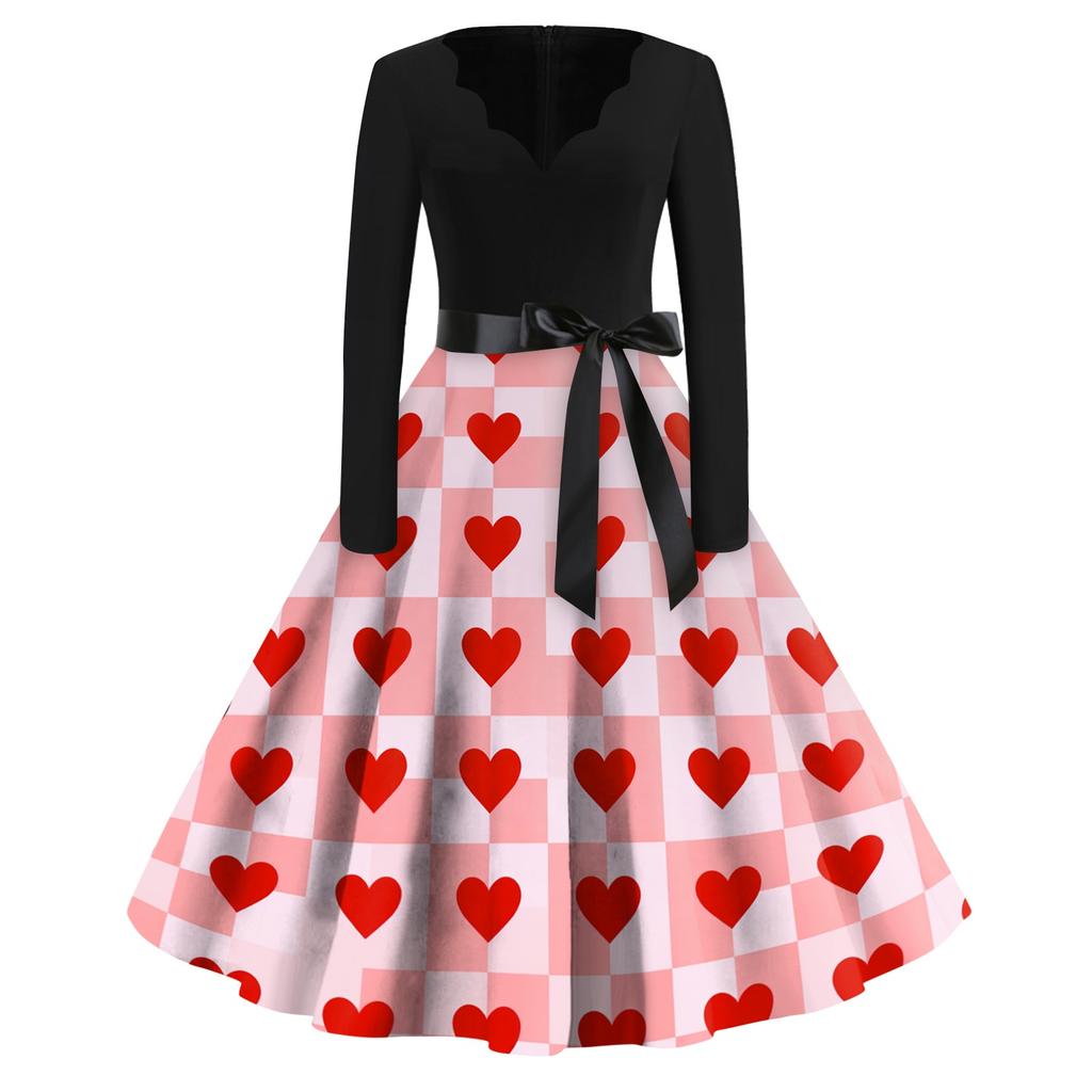 Women's Casual Fashion Christmas Print V-Neck Vintage Dress for Holiday Gatherings