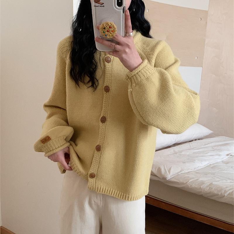 Autumn and Winter New Simple Style Solid Color Versatile Knitted Cardigan Loose Lazy Style Sweater Jacket Top