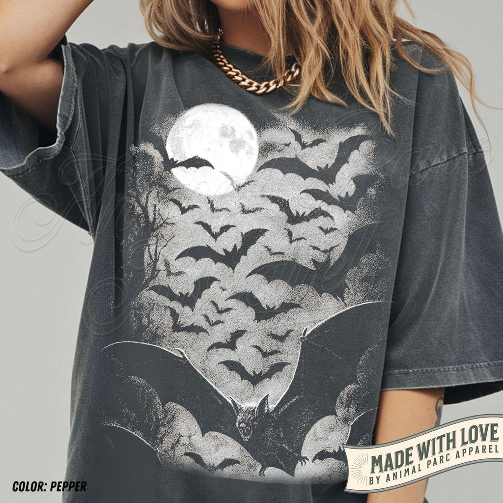 Bat T Shirt, Gothic Halloween Shirt, Moon Night Sky Graphic Tee, Spooky Aesthetic Top, Vampire Bat Gift, Horror Full Moon Graphic Tee