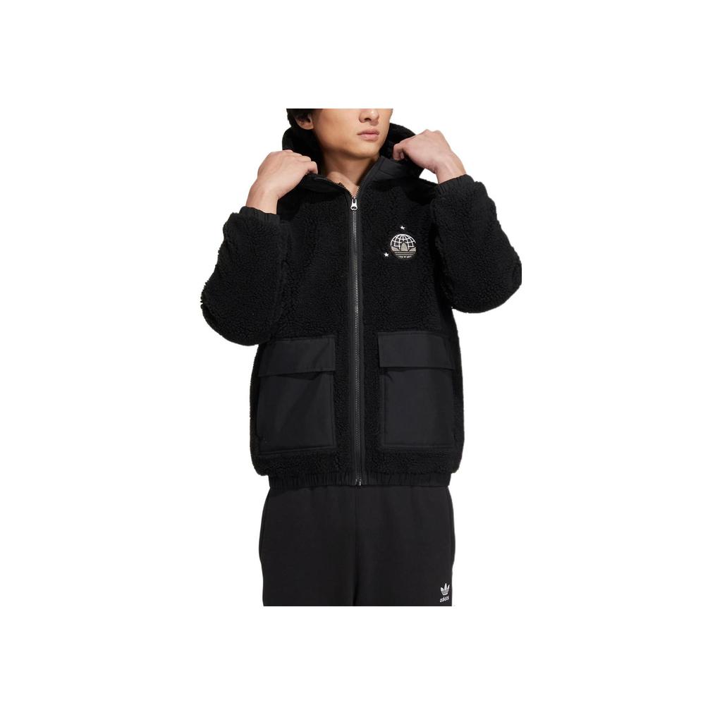 Adidas Originals Trefoil Logo Patch Hooded Lambskin Jacket Unisex Jackets Black HS2004