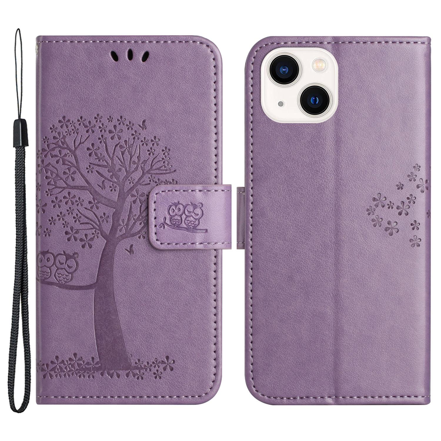

Phone Leather Case for iPhone 15,Stand Wallet Owl Tree Imprinted Full Protection Phone Cover Purple