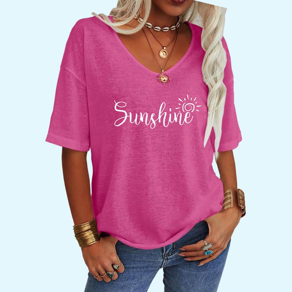 Women Fashion V CollarTee Shirt Summer Casual Letter Print Top Loose Short Sleeve T-shirt