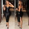 Robe Sexy V-Neck Cuir PU Bkld Robe de Soirée Club Nouvelle Mode Automne Femmes Bretelles Spaghetti Bodycon Crayon Fente Robe