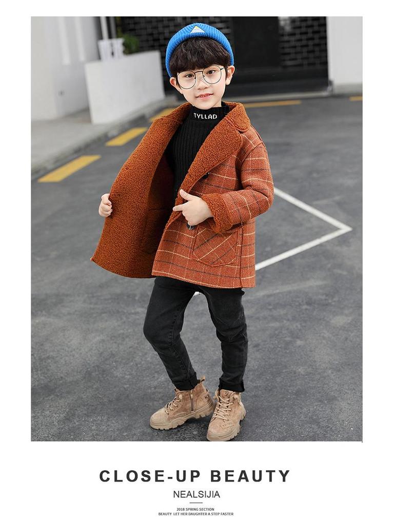 Chlapecký vlněný kabát střední délky - Podzim 2025 Módní flísová podšívka pro malé až střední děti
