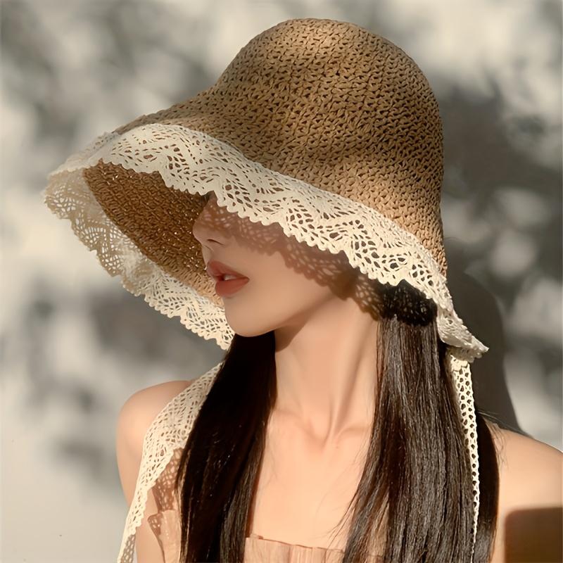 Women'S Wide Brim Sun Hat for Summer, Breathable & Foldable with Lace Trim and Adjustable Chin Strap - Lightweight Crochet Beach Hat, Protection