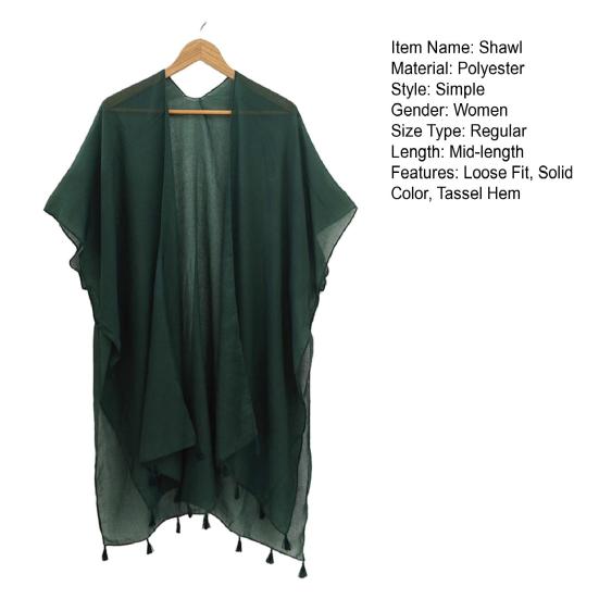 Women Shawl Soft Breathable Solid Color Shawl with Tassel Hem Sun Protection Cardigan Beach Versatile All-Season Wear