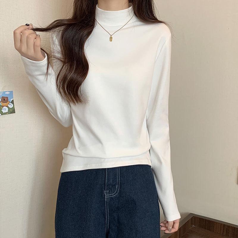 Velvet Semi-High Neck Long Sleeve Women's Modal Base Layer T-Shirt - Slimming White Autumn/Winter Fashion Top