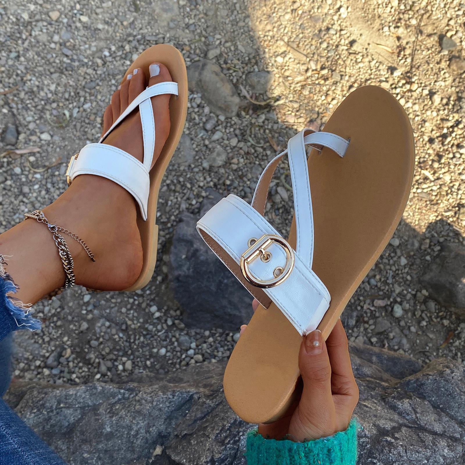 

Женские модные повседневные тапочки с кольцом на плоской подошве и уличными шлепанцами 41 белый