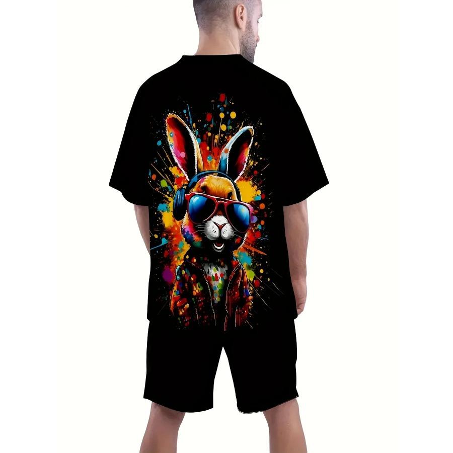 Hot-selling Men's Summer Casual Sports 3D Printed Set, Cool Headphones, Rabbit T-shirt and Shorts 2-piece Set, Men's Fashionable
