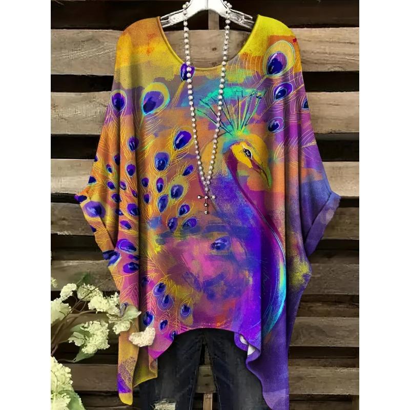 T-shirt Estiva da Donna Stampa Colibrì Pavone Girocollo Coda Comoda Manica Corta Oversize Orlo Irregolare Top