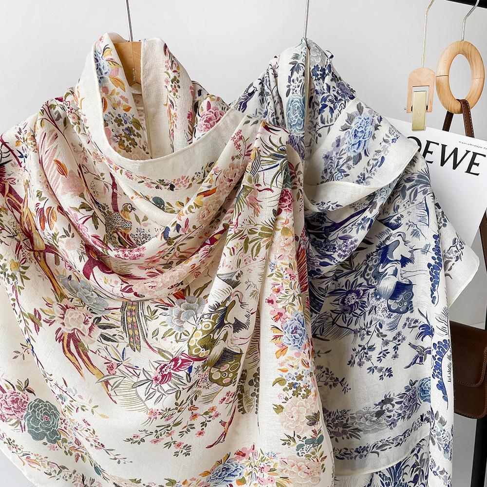 New cotton and linen scarf women's autumn high-end flower and bird printing silk scarf soft and thin shawl headscarf