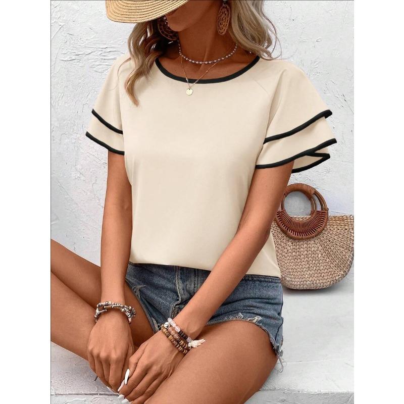 Women Elegant Ruffled Sleeve Color Block Loose Round Neck Short Sleeve Top