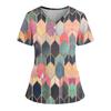 Women's Loose Short Sleeved Fashionable Square Printing V-neck Buttonable Side Slit Top T-shirt
