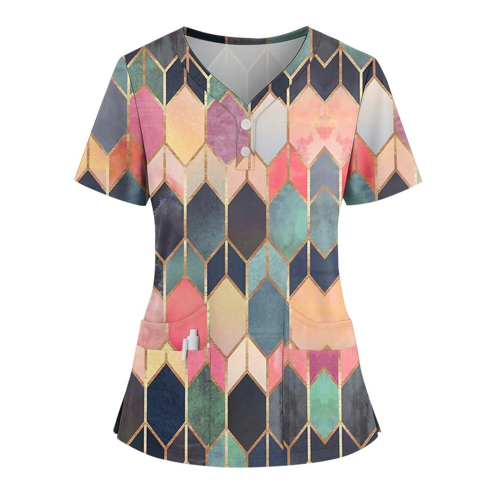 Women's Loose Short Sleeved Fashionable Square Printing V-neck Buttonable Side Slit Top T-shirt