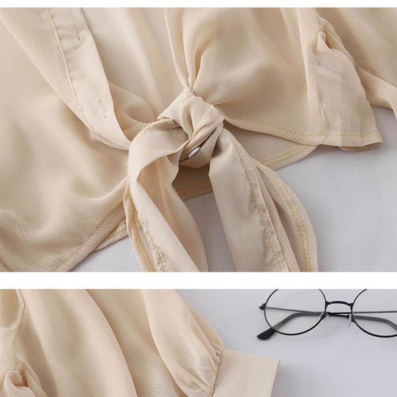 Summer Half Sleeve Buttoned Up Shirt Loose Casual Blouse Chiffon Shirts Women Tied Waist Elegant Blouses for Women
