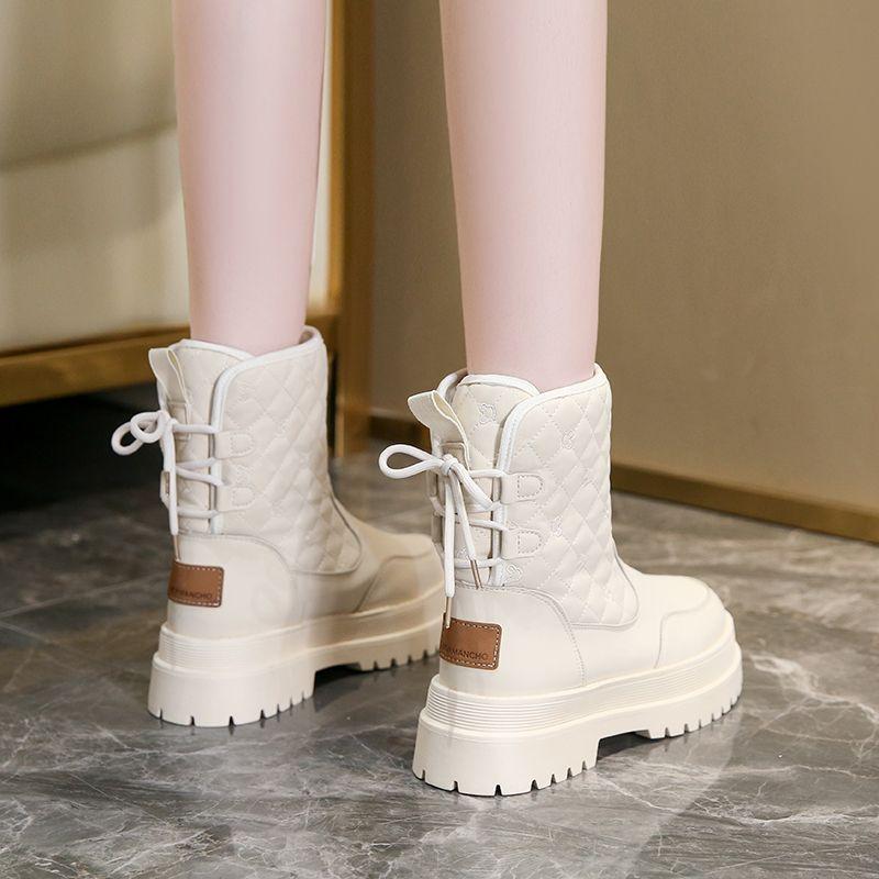 Fashion Black Elegant With Medium Heels Woman Shoes Mid Calf Lace-up Round Toe Y2k Goth Footwear Work New Rock Sale Snow Boots for Women