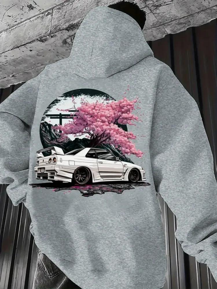 Men Hoodie Japanese Style JDM Car Sakura Print Back, Gothic, Comfort, Outdoor, Rock, Edgy, Dark Style, Hype, Modern, Stylish Graphic Pullover Hoodie