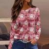 Women's Fashion Hem Slit Casual Christmas Printed Round Neck Long Sleeve Top
