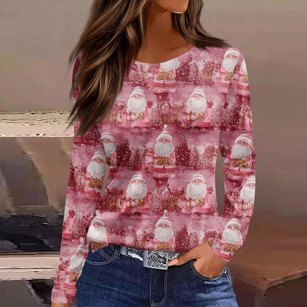 Women's Fashion Hem Slit Casual Christmas Printed Round Neck Long Sleeve Top