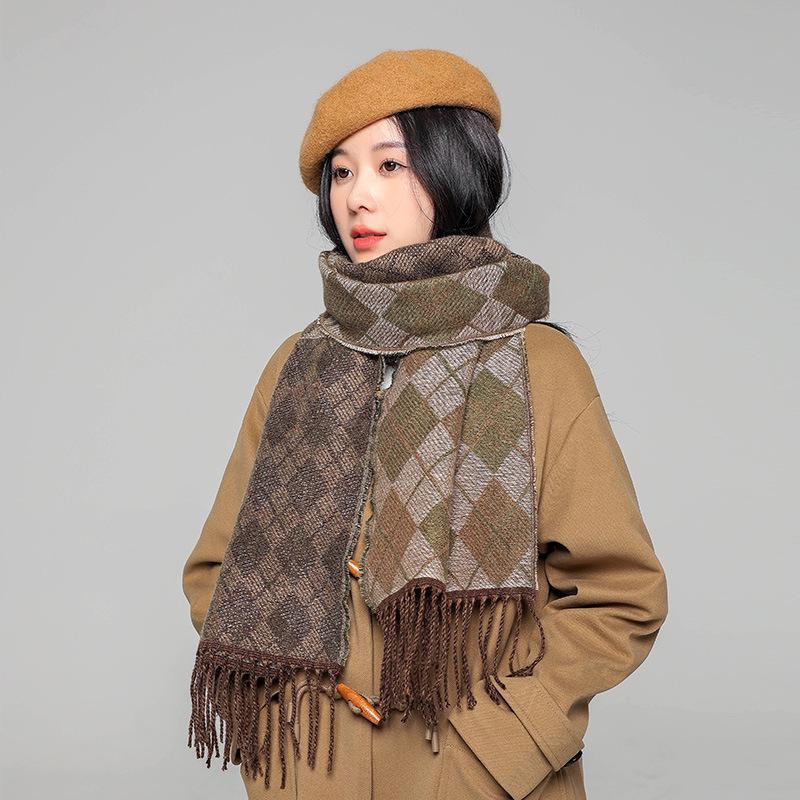 Winter Korean Version of High-end Retro Diamond Pattern Scarves Fashion Women Girls Autumn Faux Cashmere Wamr Shawl Unisex Scarf