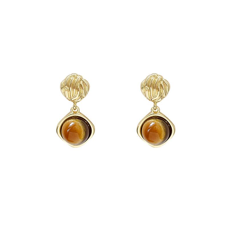 Boucles d'oreilles en pierre œil de tigre couleur café Maillard automne et hiver pour femmes, boucles d'oreilles puces géométriques de luxe léger, bijoux d'oreille