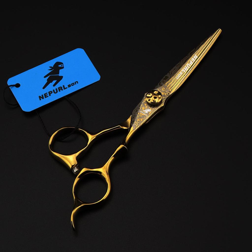 MCG-15 Gold Damascus Hairdressing Scissors Set: Straight, Serrated, Thinning Shears for Salon.