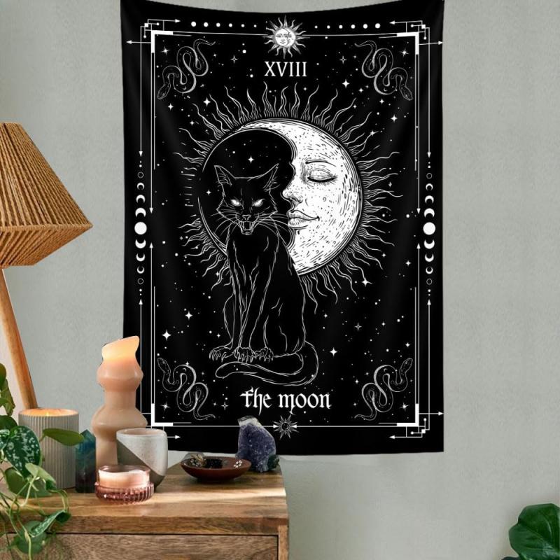 Mond Tarot Wandteppich Schwarze Katze Okkultismus Menschliches Gesicht Stern Mond Muster Wohnzimmer Schlafzimmer Akzentwand Dekoration