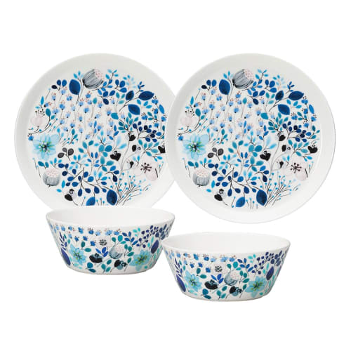 NARUMI 2025 Lucky Bag 4-Piece Tableware Set, Anna Emilia, for 2, Frost Garden Blue, Floral Print, Cute Winter Scene, Microwave-Safe, Dishwasher-Safe,