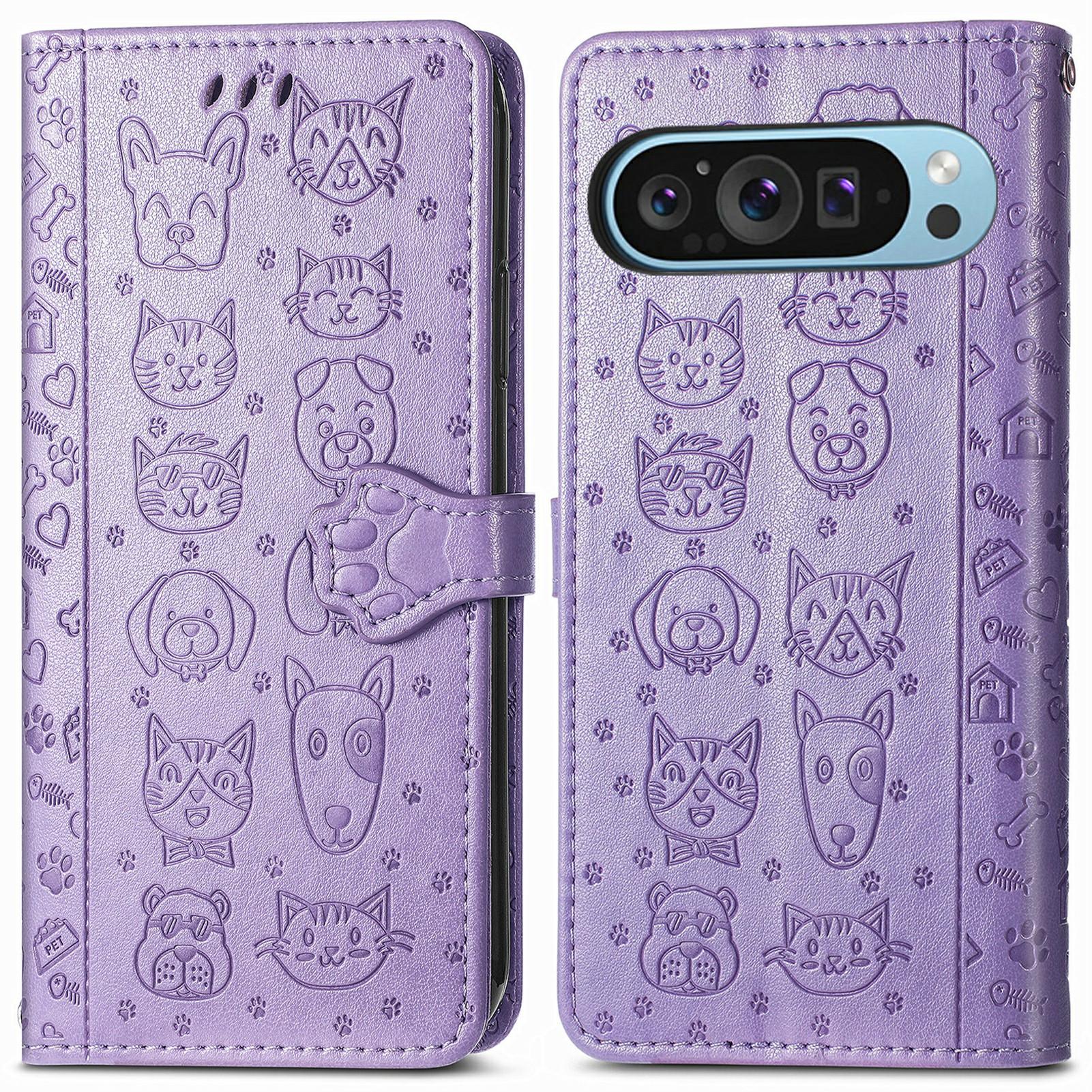 

For Google Pixel 10 Pro/Pixel 10/Pixel 9 Pro/Pixel 9 Case Leather Wallet Flip Phone Cover Cute Cat Dog Pattern Light Purple