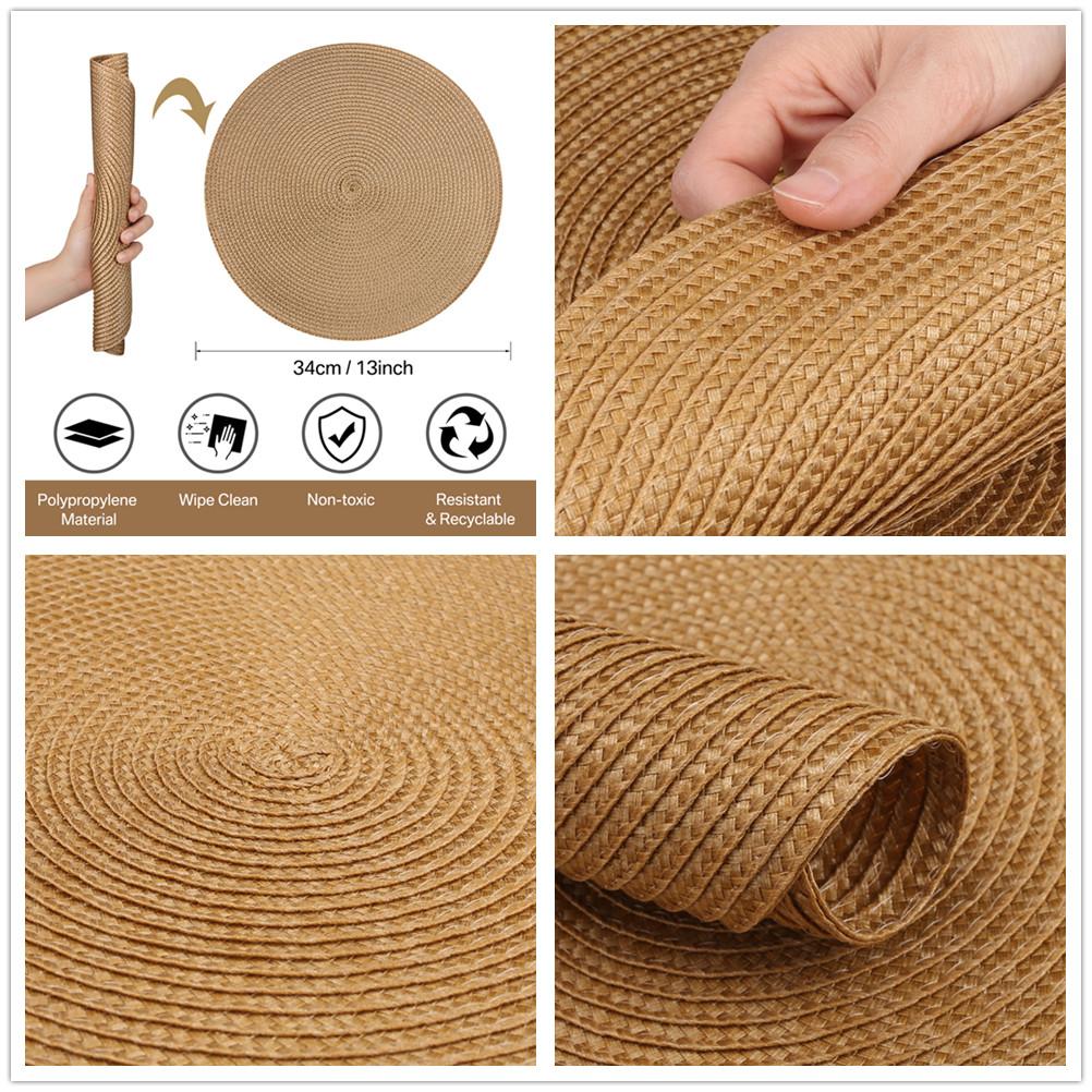 Set of 6 Gold Round Braided Table Mat Washable Placemats Anti Slip Dining Tableware For Home Kitchen Wedding Holiday Table Décor