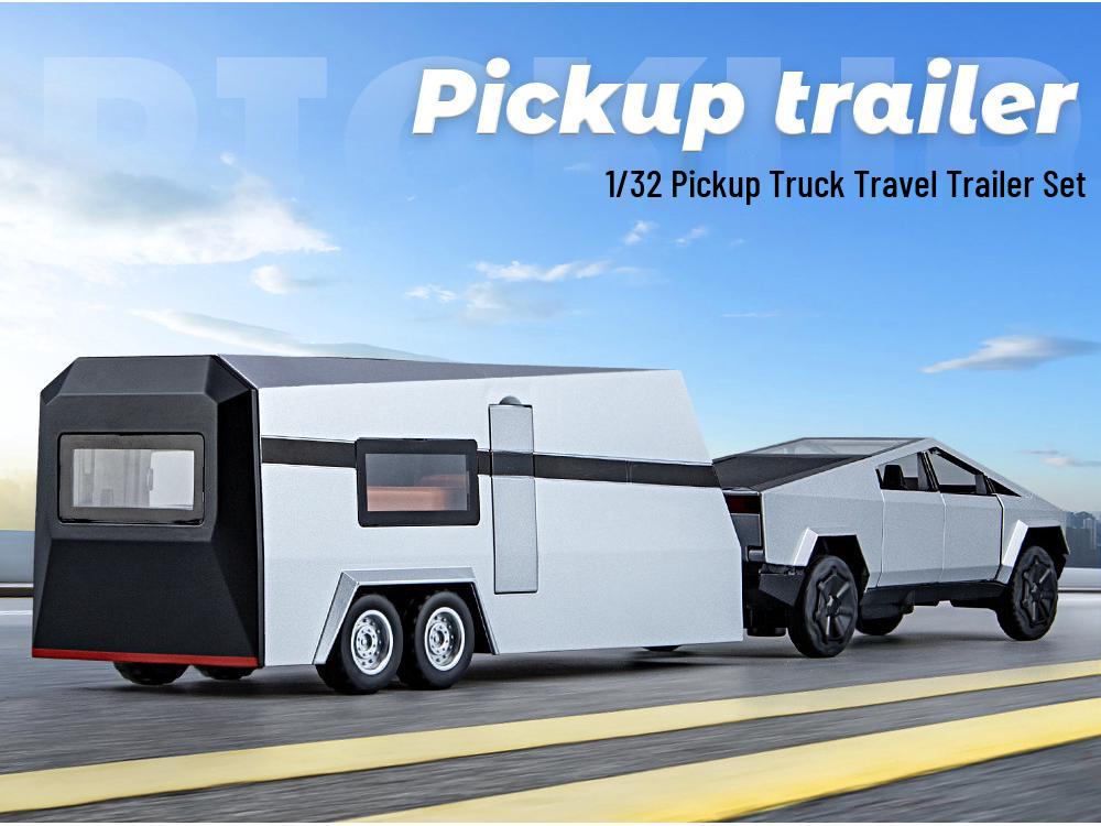 1:32 Tesla Pickup Truck Toy with Caravan: Alloy Pull-back Model with Sound, Light, and Opening Doors