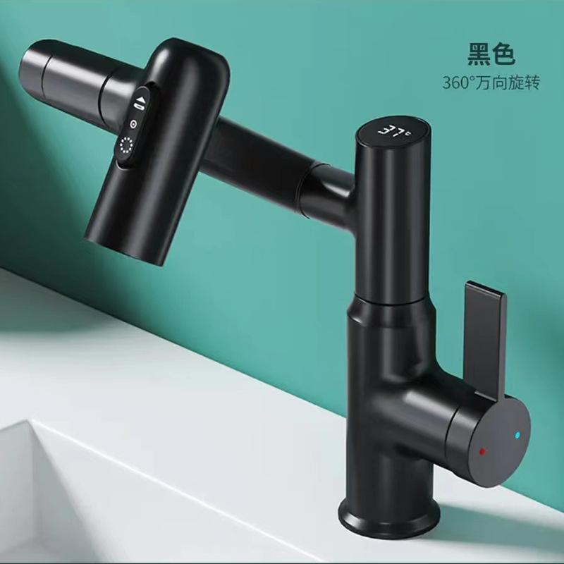 

Цифровой дисплей, светодиодный смеситель для раковины, вращение на 360 градусов, многофункциональный распылитель струи, смеситель для мойки горячей и холодной воды, кран для ванной комнаты матовый черный