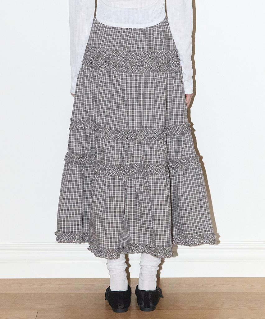 Iligo Buckle Frill Long Skirt Check Beige