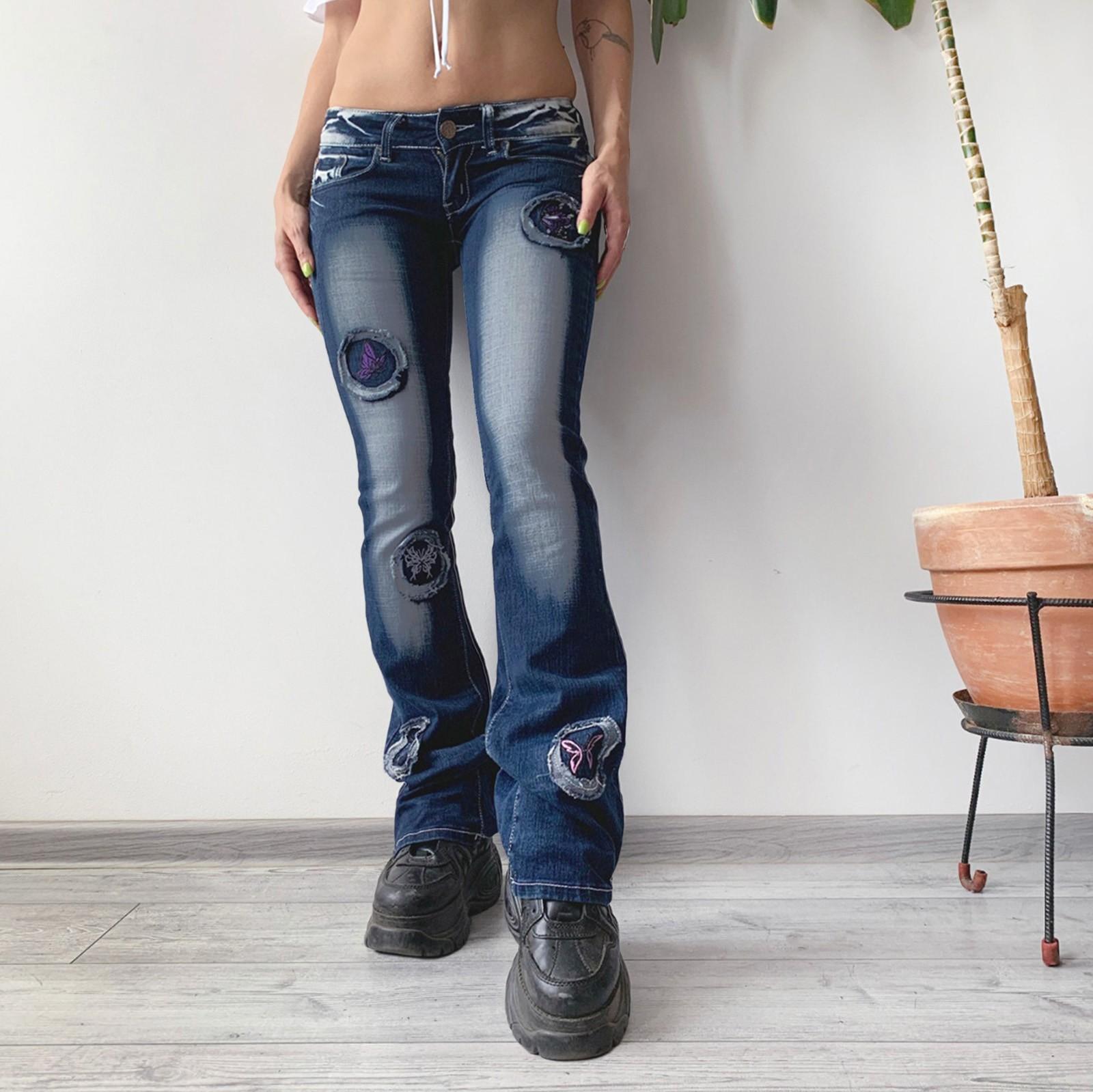 

Женские модные эластичные джинсы с низкой талией и микроклешом, вышитые на джинсах-бабочках S синий