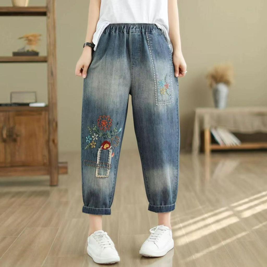 Spring and Summer Loose Literary Retro Jeans Nine-point Harem Pants Stitching Contrast Color Daddy Pants Women