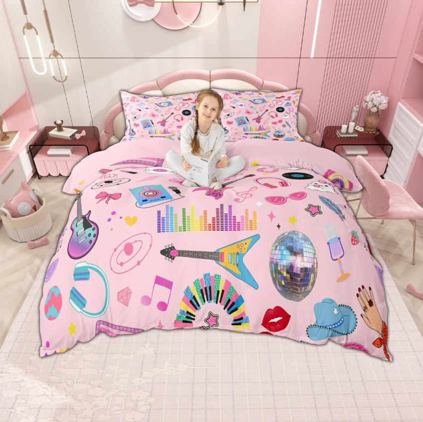 Homewish Colorful Guitar Duvet Cover Set For Girls Pop Music Star Bedding Disco Ball Headset Print Bed Cover Set